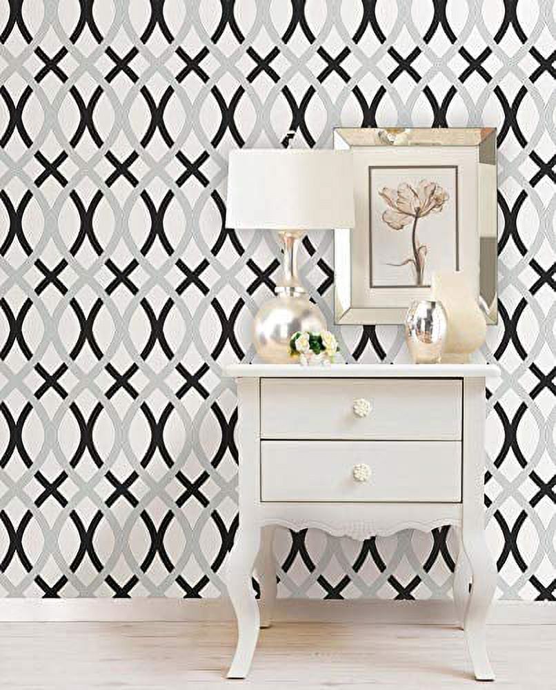 NuWallpaper Black and Silver Lattice Vinyl Peel And Stick Wallpaper, 216-in by 20.5-in, 30.75 sq. ft.