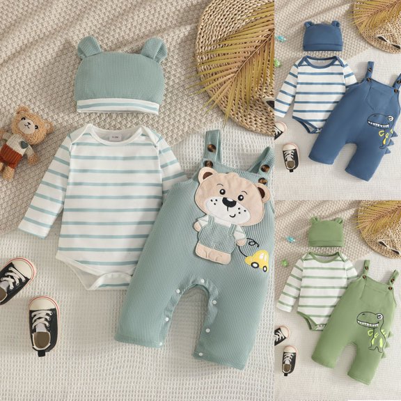Faraee Newborn Baby Boy 3 Piece Outfit Set Striped Long Sleeve Romper Waffle Overalls Pants with Bear Ear Hat 0 3 6 12 18 Months Soft Cotton Infant Clothing Set