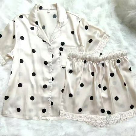 

CoCopeaunt Womens Silk Pajamas Two-piece summer Pajamas Solid lace home clothes short sleeve cardigan home set casual nightgown