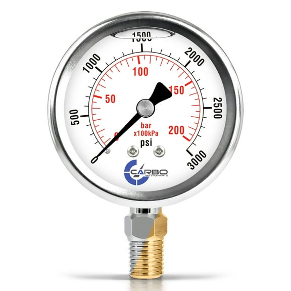 CARBO Instruments 2 1-2" Pressure Gauge, Stainless Steel Case, Chrome Plated Brass Connection, Lqiuid Filled, 0-3000 psi/kPa, Lower Mount 1/4" NPT