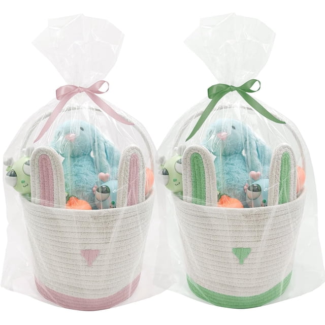 2 Pack Large Woven Easter Baskets for Kids - Boy & Girl Options, Empty Basket with Gift Bags and Ribbons Cute Easter Decorations Bunny Ears Designs (Pink+Green)