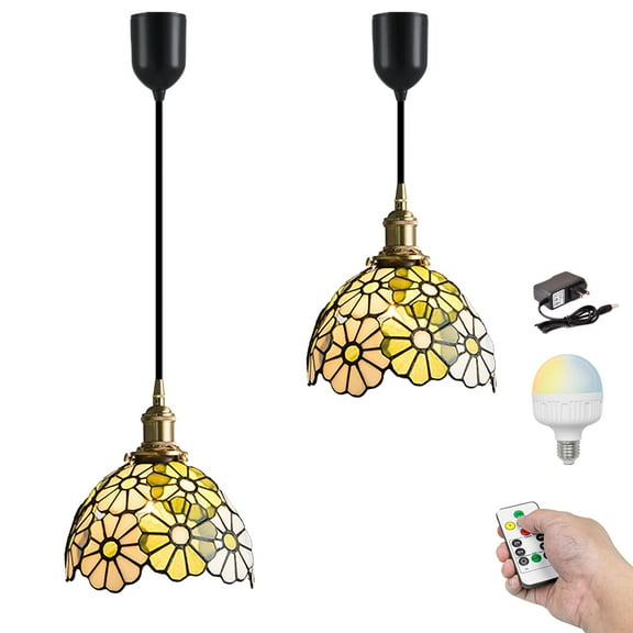 Kiven Battery Operated Pendant Light with Remote, Rechargeable Hanging Pendant Light Adjustable Height with Antiqued Glass Lampshade for Kitchen Living Room Bedroom Home Decor(Set of 2)