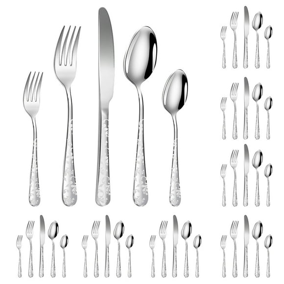 Mistaha Elegant Floral Pattern 40-Piece Stainless Steel Cutlery Set - Dinner Knives, Forks, Spoons, Tea Forks, Teaspoons - Silver Color - Service for 8