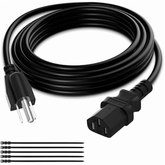 can 3-Prong Replacement Power Cord 15 Ft, Heatproof Flexible Durable AC Device Power Cable for Appliance, Computer, TV, Monitor, Printer, ETL Listed 18AWG 125V 10A, with Ties