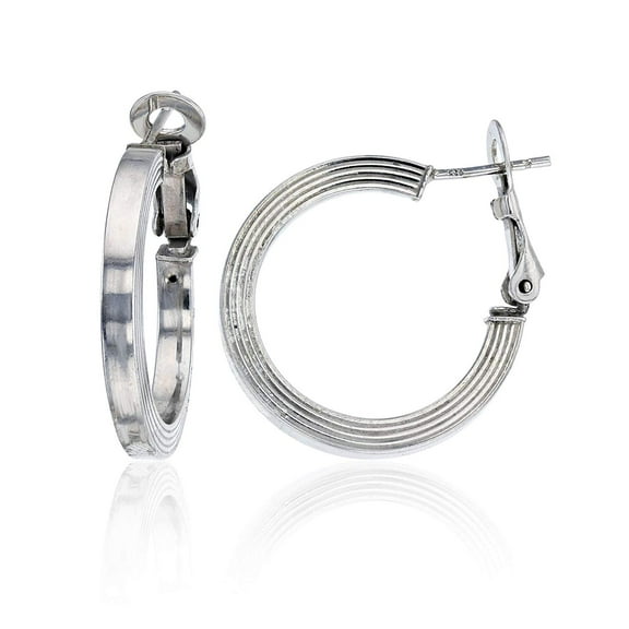 DECADENCE Sterling Silver Polished Wedding Band Hoop Earrings for Women with Ridges | 3x25 Flat Hoop Earrings | Secure Snap Bar Closure | Shiny Classic Earrings