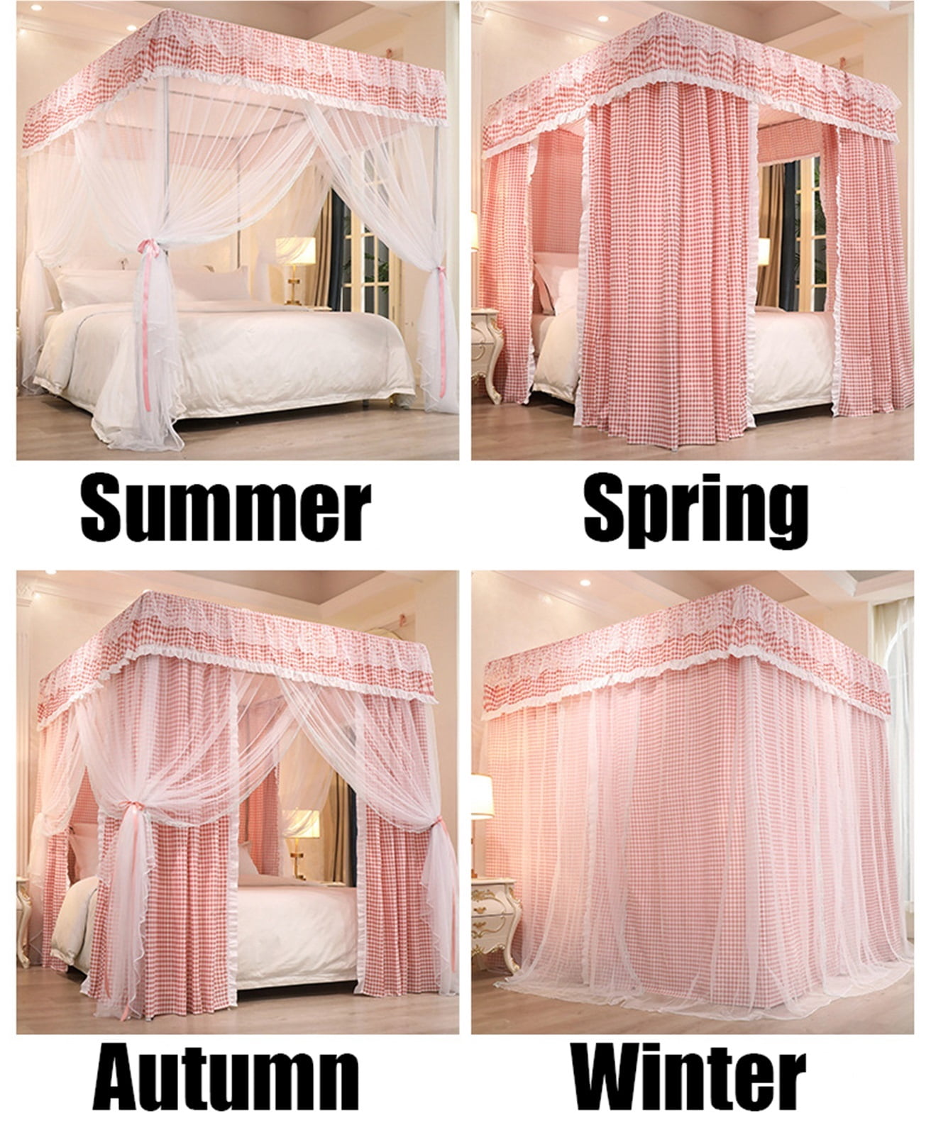 Four Poster Bed Canopy with Blackout Curtain & Double Layer Mosquito Net, Bedroom Decor, Dustproof Windproof Bed Screen with Stable Bracket