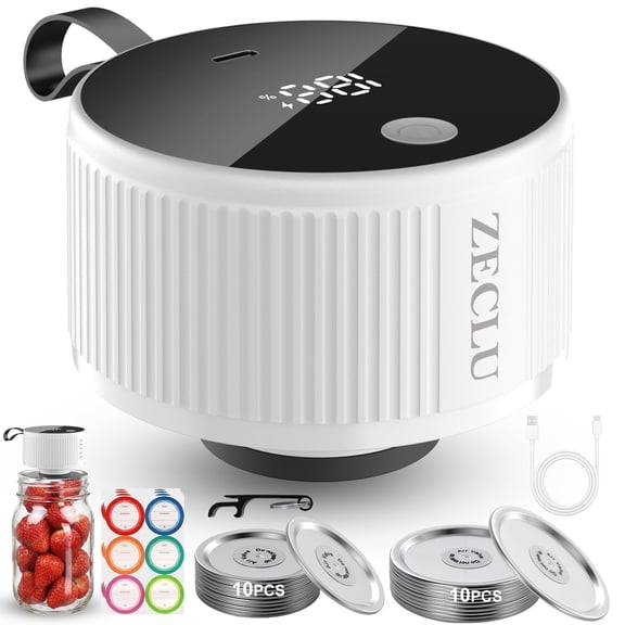 Zeclu Electric Mason Jar Vacuum Sealer Kit, Automatic Jar Sealer for Wide and Regular Mouth Mason Jars, Portable Cordless Vacuum Sealer for Canning and Food Storage, White