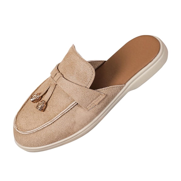 Xfvqtps Womens Backless Mule Loafers Flat Shoes Metal Accent Faux Suede Comfortable Slip on Casual Versatile Everyday Wear Khaki