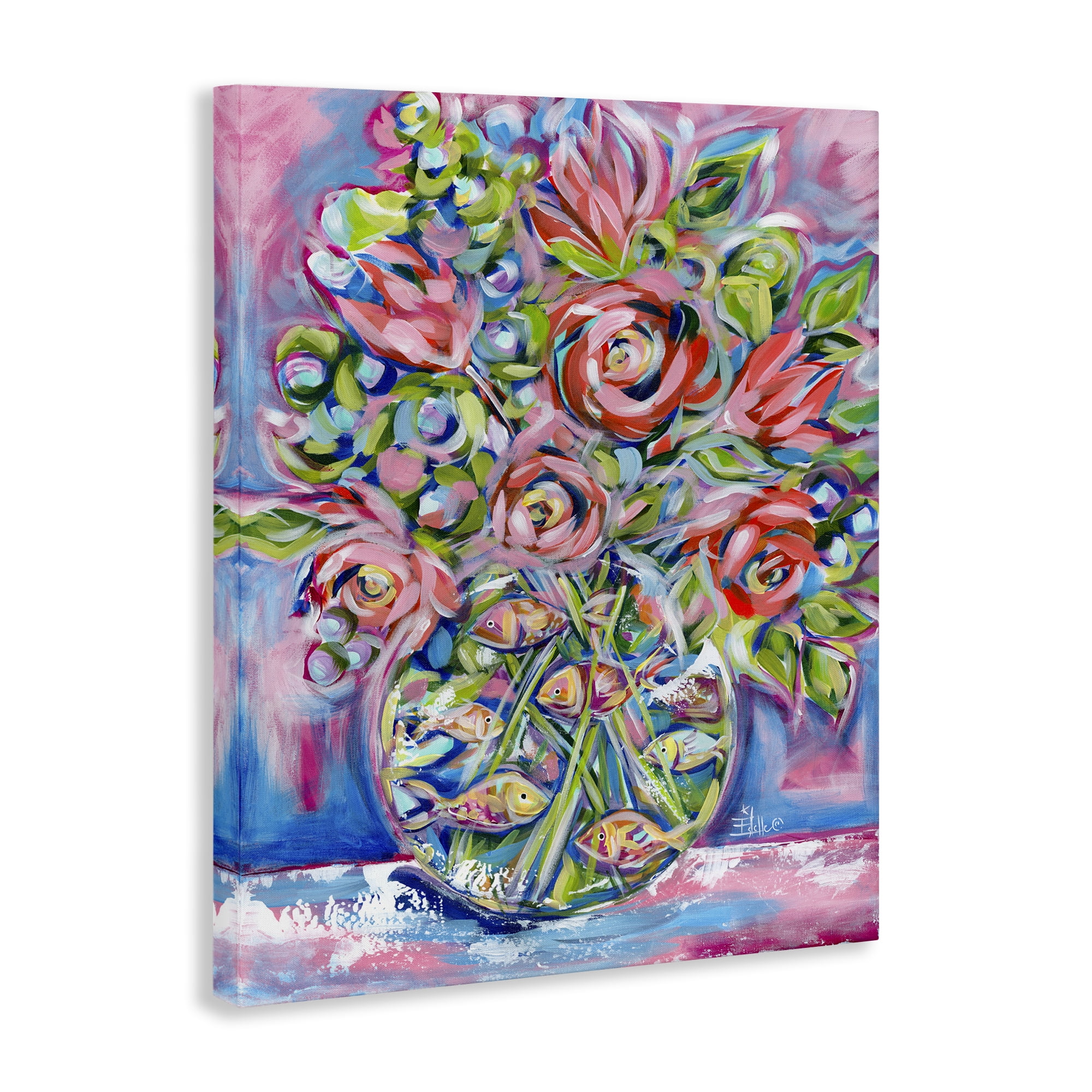 Stupell Industries Roses & Goldfish Vase Botanical & Floral Painting Gallery Wrapped Canvas Art Print Wall Art, 16 x 20