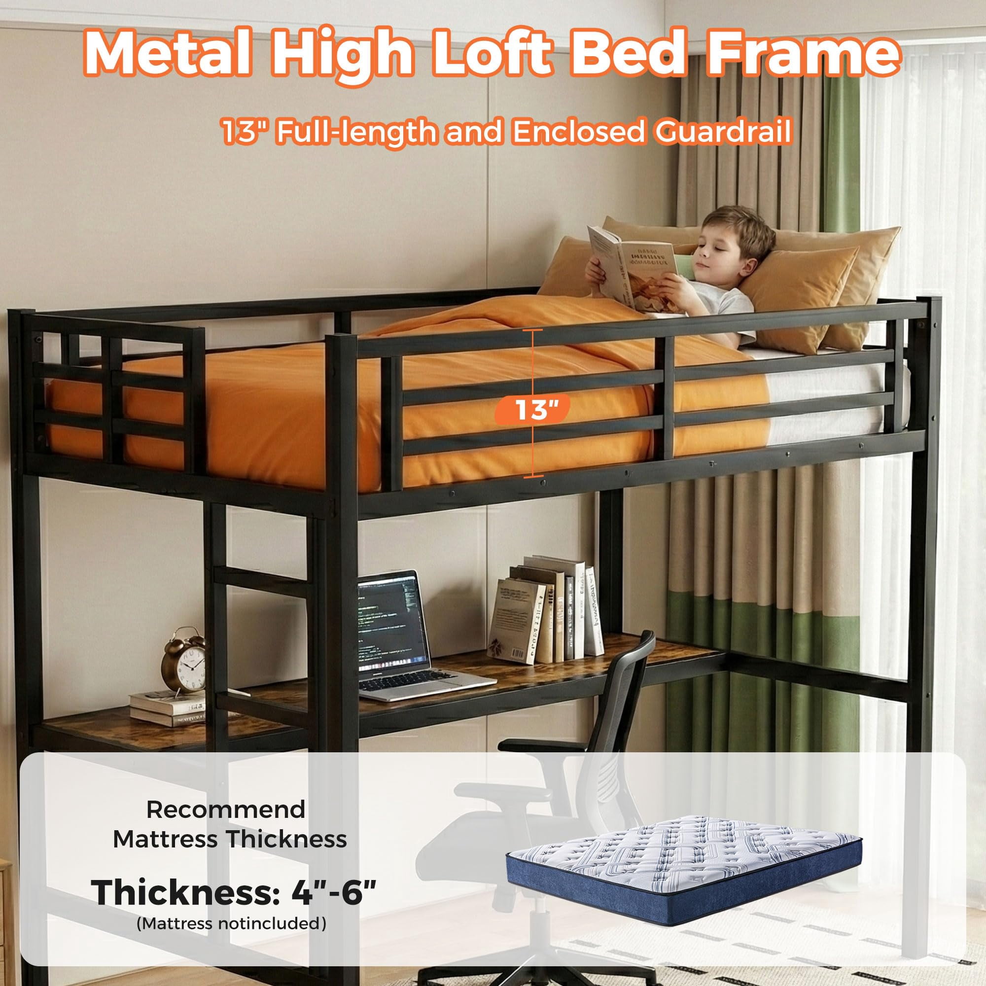 Miniyam Twin XL Metal Loft Bed Frame with Desk & Charge Station, Black