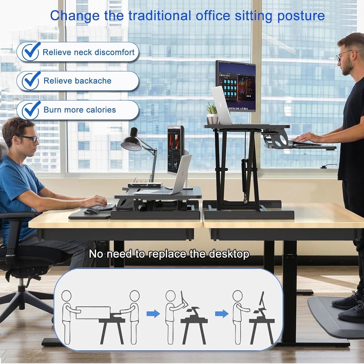ZIHUI Standing Desk Converter 37inch, Height Adjustable Sit Stand Desk Riser, Quick Sit to Stand Tabletop Dual Monitor Riser Workstation for Home Office with Keyboard Tray, Black