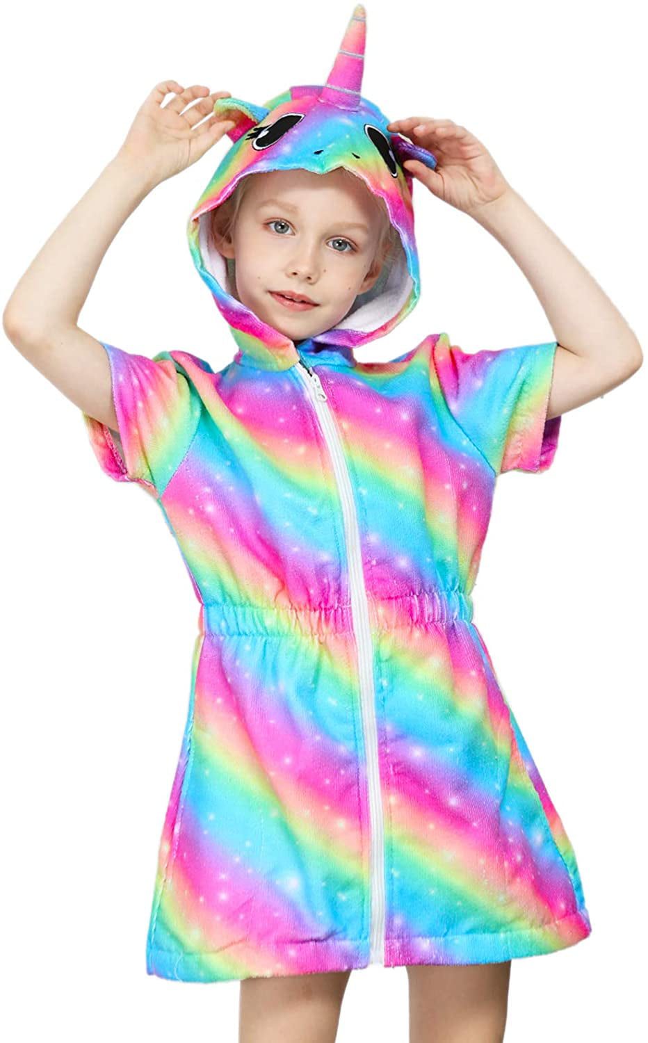 Kid Girls Hooded Zip Terry Cover-up Beach Swimsuit Dress Swimwear Robe