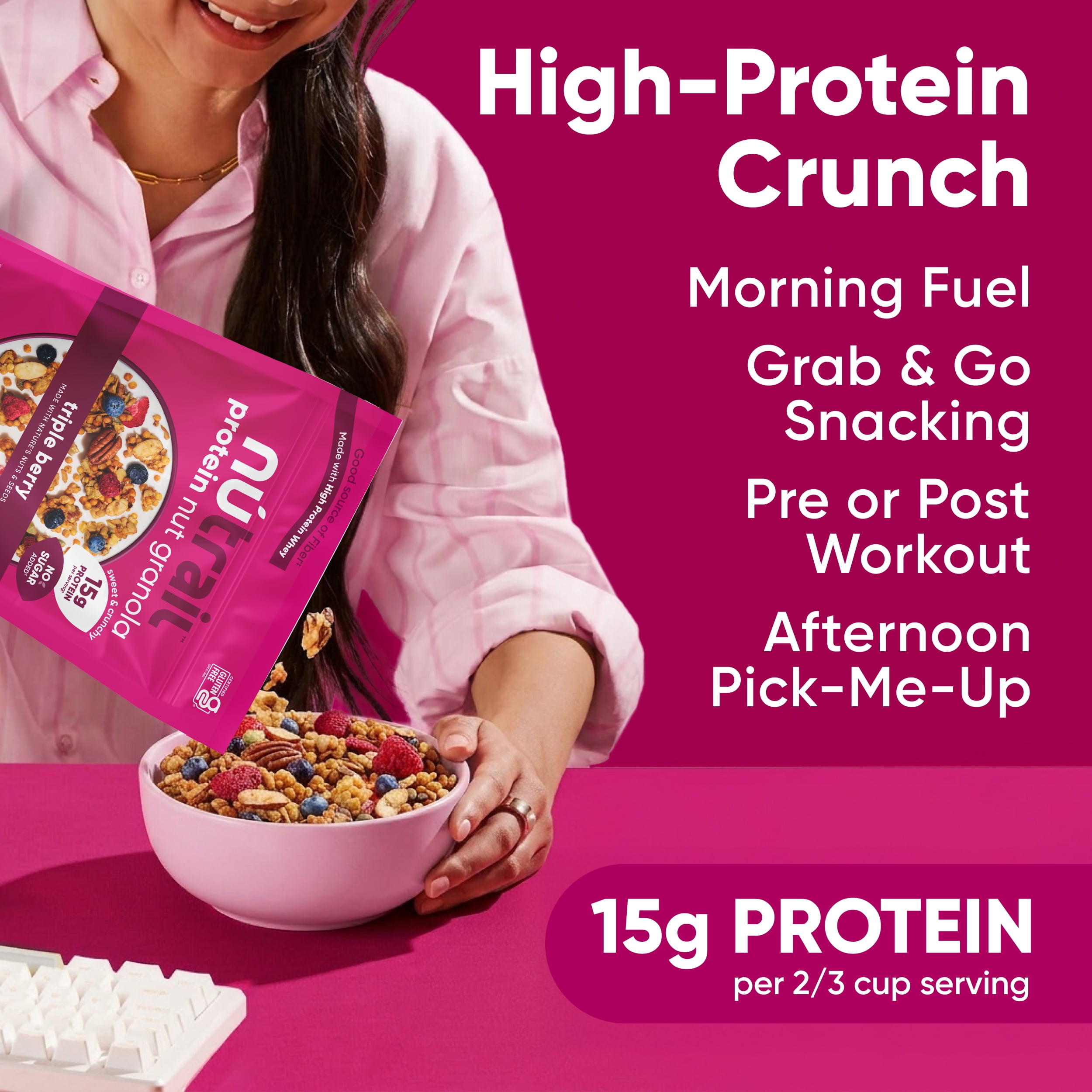 NuTrail 15g Protein Nut Granola Cereal, Triple Berry, No Sugar Added, Keto, Low Carb, Gluten Free, Grain Free, Healthy Breakfast, 10 oz, 1 Count