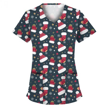 

Wirziis Christmas Costumes for Women Nursing Scrub Tops Christmas Printed Working Uniform Short Sleeve V-Neck Workwear Blouse T-shirt with Pockets