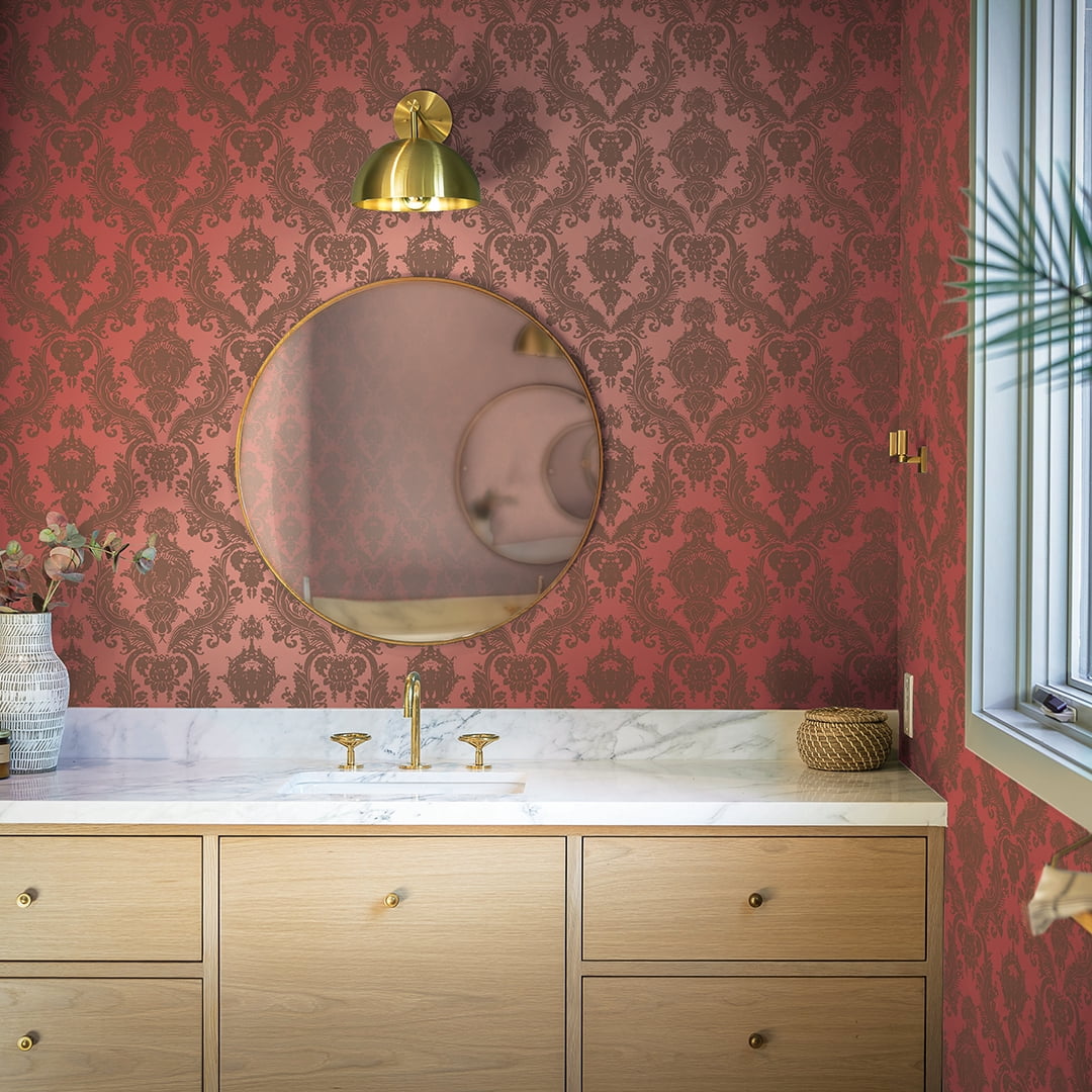 Tempaper Textured Damsel Metallic Red Peel and Stick Damask Wallpaper, 20.5" x 16.5'