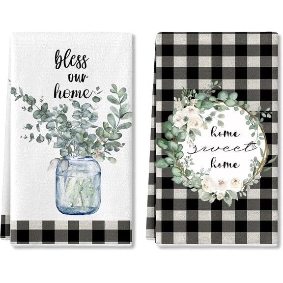 Eucalyptus Leaves Kitchen Dish Towel, 2 Pack Bless Our Home Sweet Home Quotes Buffalo Plaid Absorbent Kitchen Towel, Absorbent Drying Tea Towels for Cooking Baking
