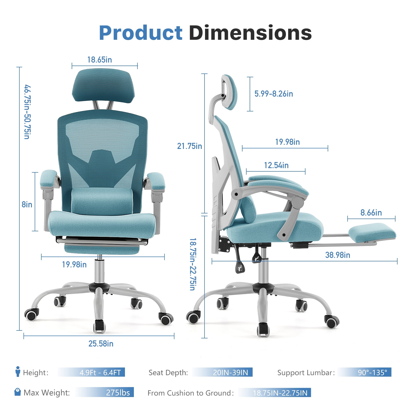 CONCETTA Ergonomic High-Back Mesh Office Chair with Footrest, Headrest, Lumbar Support, and Armrests, Reclining Computer Desk Chair on Wheels for Home Office Tasks, Blue