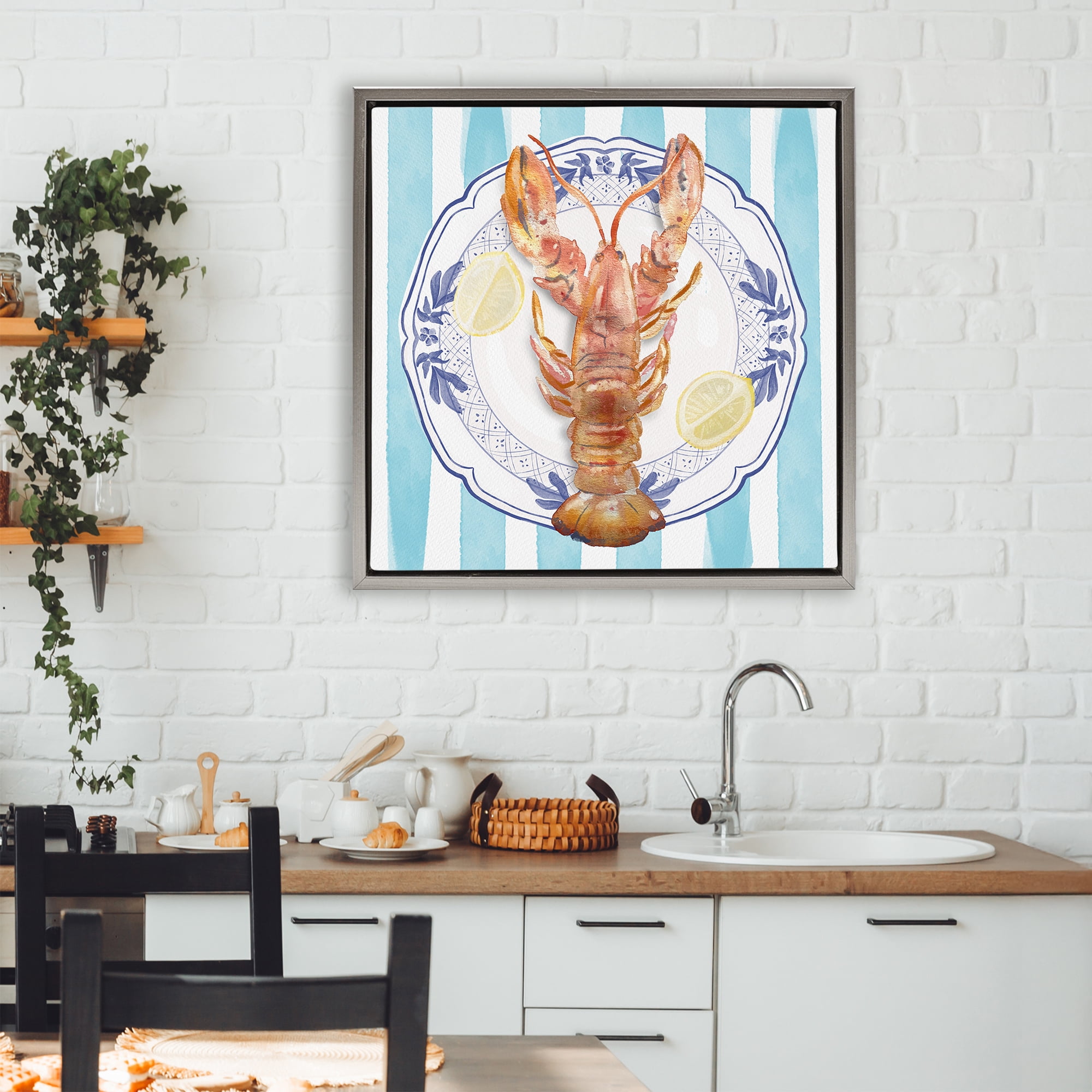 Stupell Industries Lobster Seafood Plate Gray Framed Floater Canvas Wall Art, design by Christie Adams