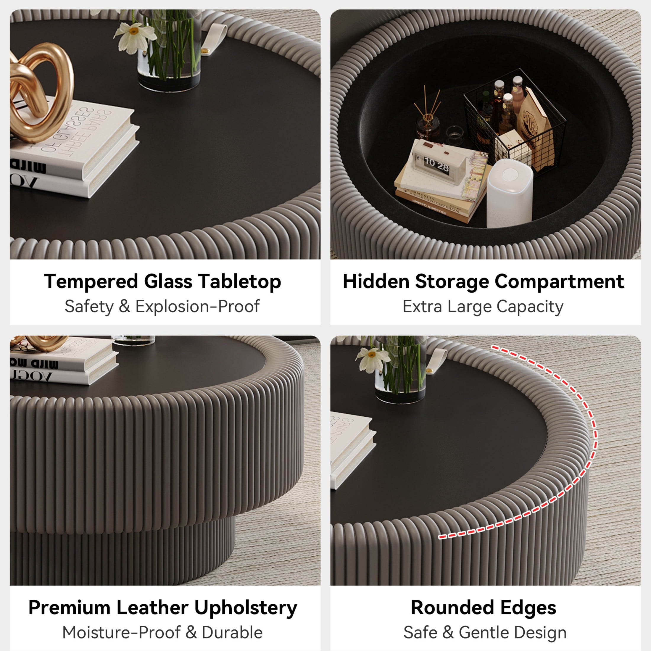 Noble House Morade 31.5" Fluted Round Storage Coffee Table with Glass Top & Leather Wrapped for Living Room, Gray