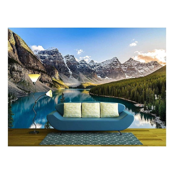 wall26 - Landscape View of Moraine Lake and Mountain Range at Sunset in Canadian Rocky Mountains - Removable Wall Mural | Self-Adhesive Large Wallpaper - 100x144 inches
