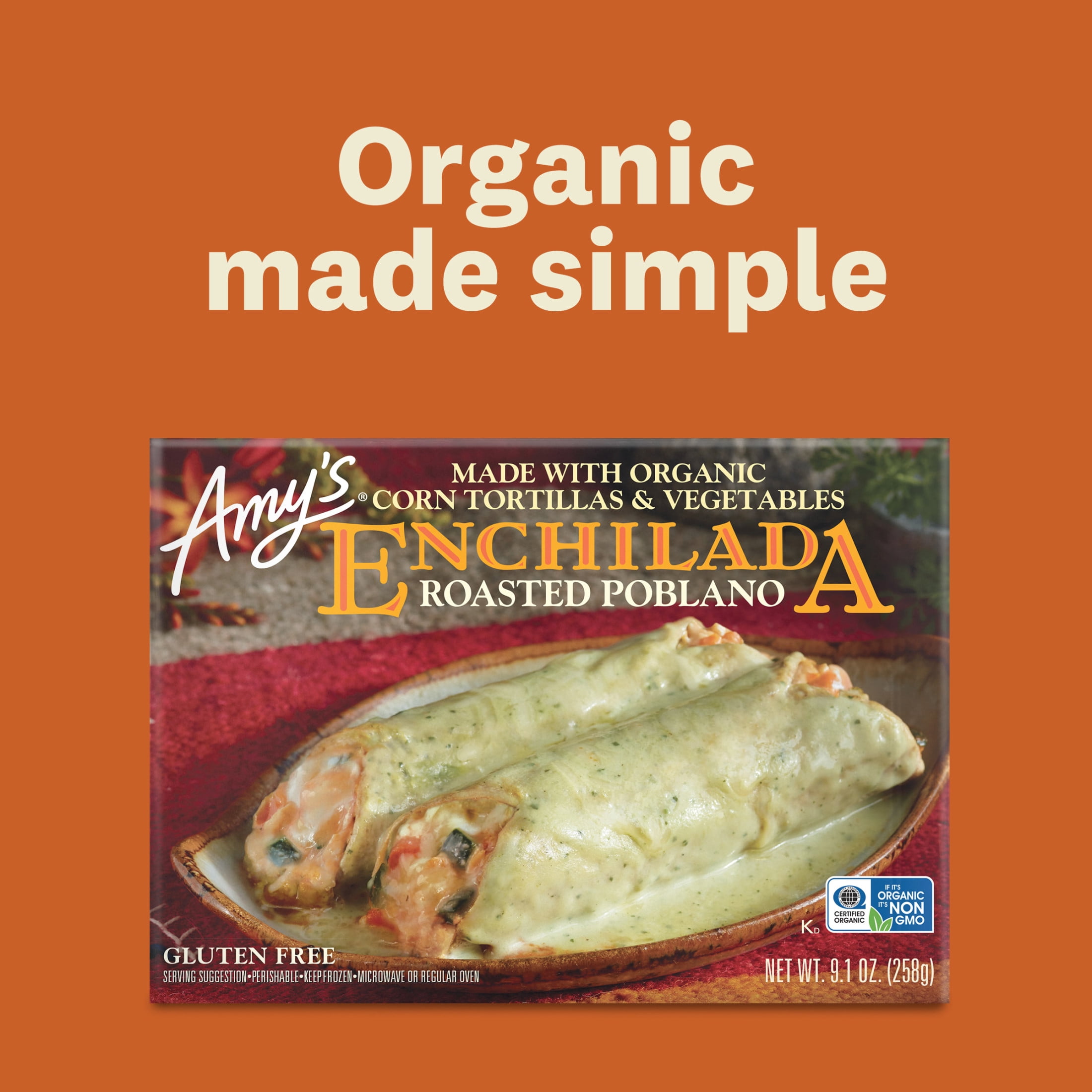 Amy's Frozen Meal, Roasted Poblano Enchilada,  Gluten Free Microwave Meal, 9.1 oz