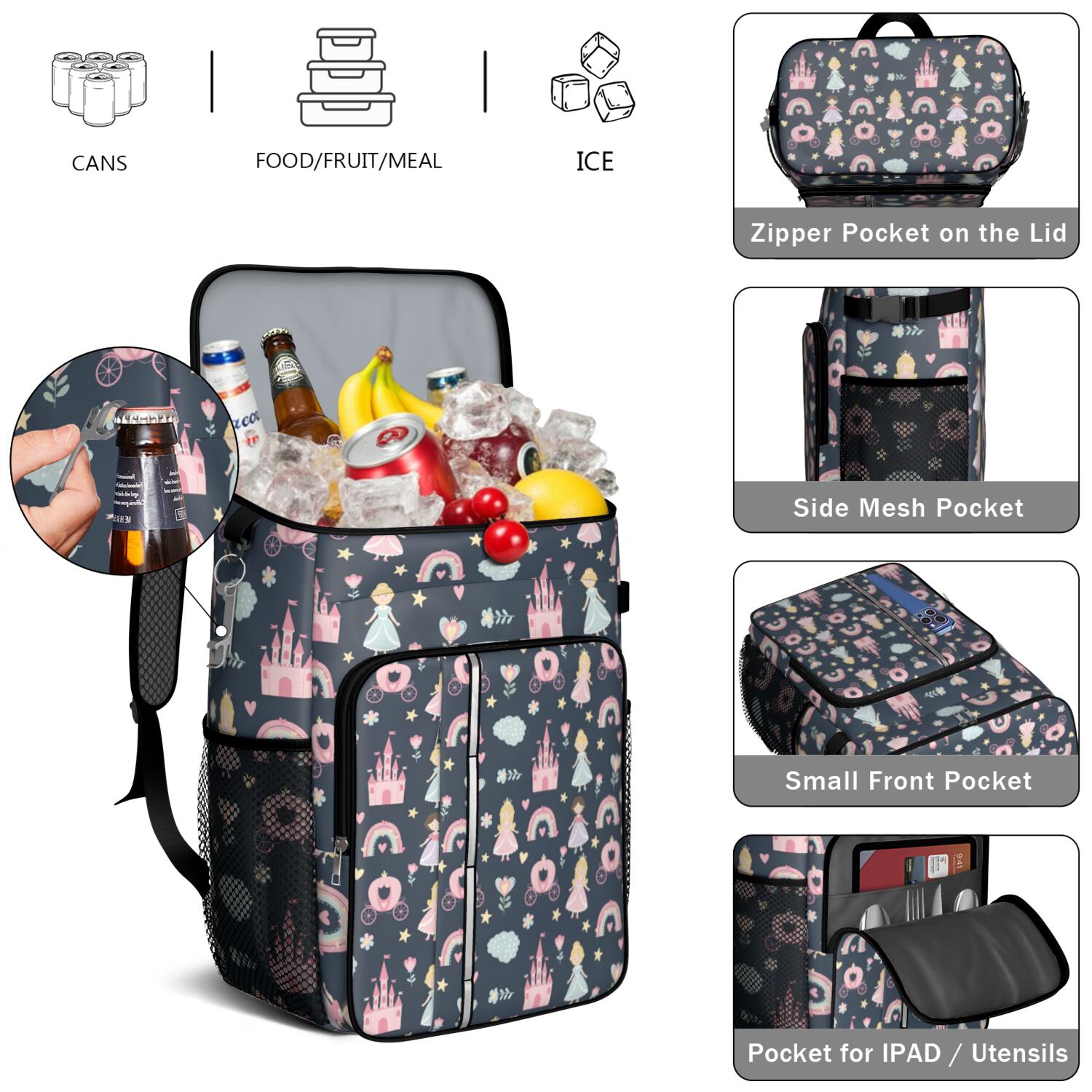 Travel Cooler Bag - Dark Blue Princess Castle Pattern Camping Beer Cooler Backpack with Bottle Opener- Waterproof Insulated Picnic Backpacks - Cooler Bag for Beach