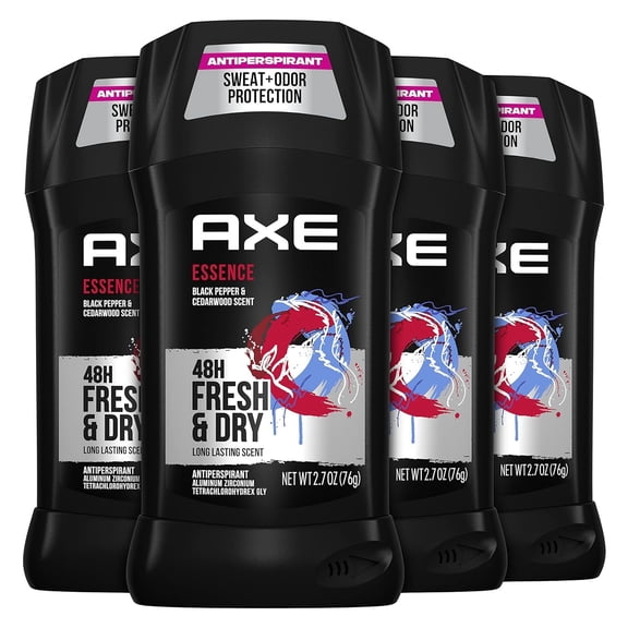 AXE Antiperspirant Deodorant for Men Essence 4 Count 48H Sweat & Odor Protection for Long Lasting Freshness, Black Pepper & Cedarwood 48 Hour Anti Sweat Mens Deodorant 2.7 oz