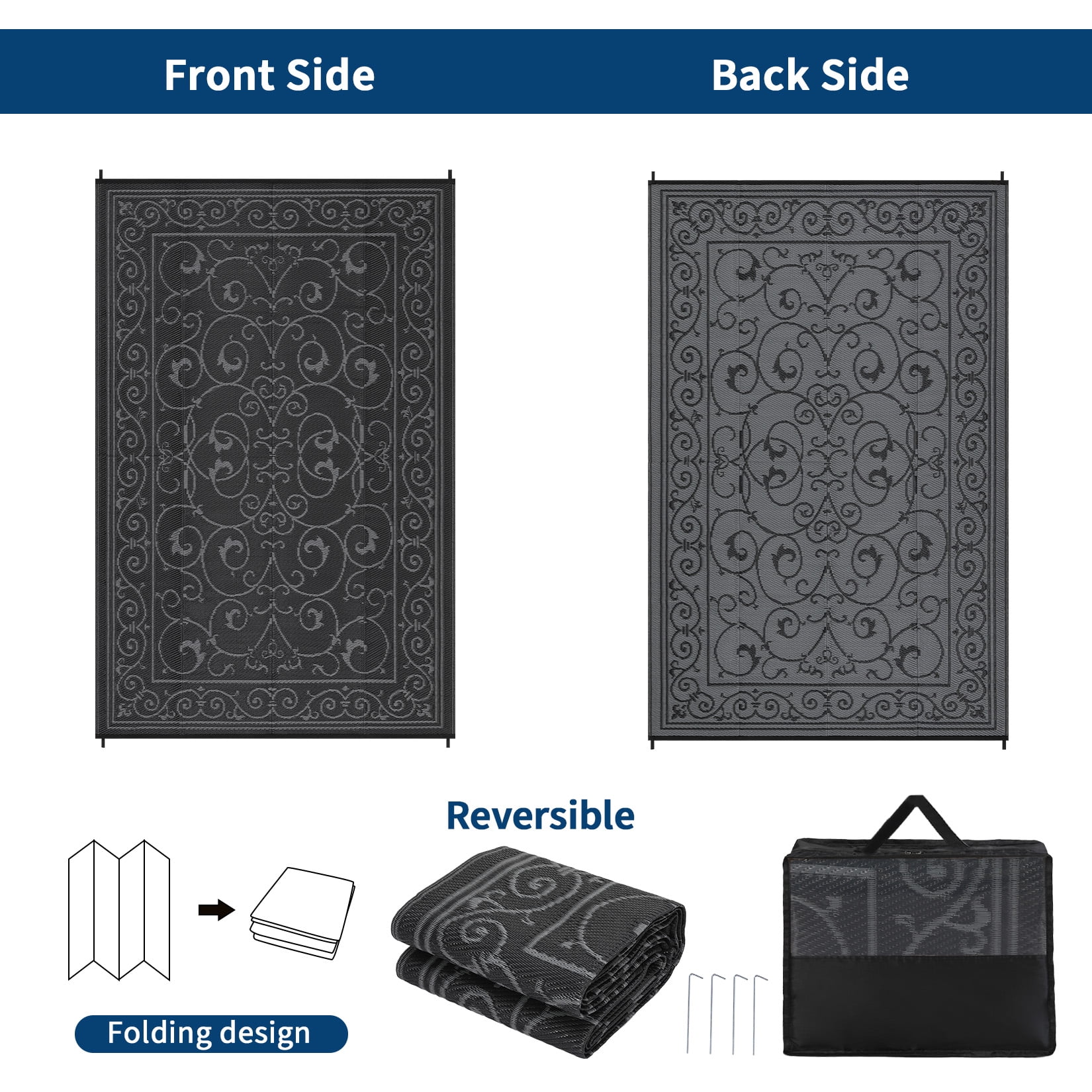 HIWEAVER 8' x 10' Black/Gray Outdoor Rug PP Plastic Straw Woven Waterproof Patio Rug with Border Portable Outside Carpet for Balcony Deck Picnic Garden Decor