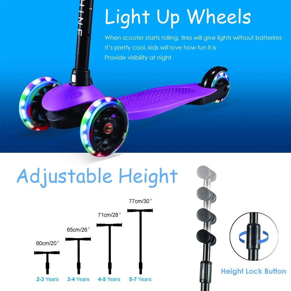 HighTech Mega GlideKick 3-Wheel Foldable Scooter With Lightup Wheels & Extendable T-Bar - Purple
