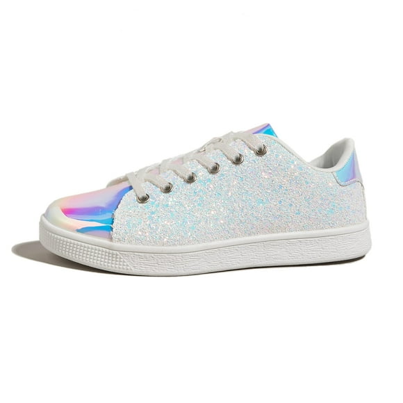 LUCKY STEP Glitter Sneakers Lace up | Fashion Sneakers | Sparkly Shoes for Women (10 B(M) US,White Hologram)