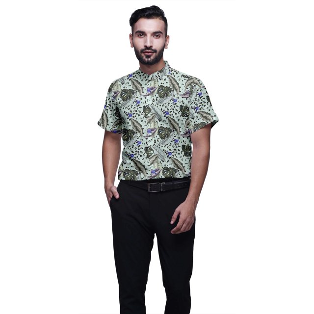 BESTMAN Chemise en Coton pour Hommes Manches Courtes Col Mandarin Imprimé Chemise Décontractée