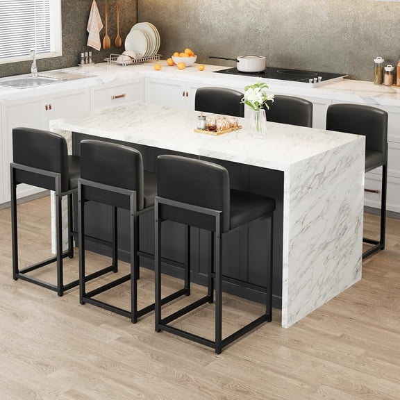 Bar Stools Set of 6, Modern Counter Height Bar Stools with Back and Footrest, Faux Leather Upholstered Barstools Chairs for Kitchen Island Dining Room Bar, Black
