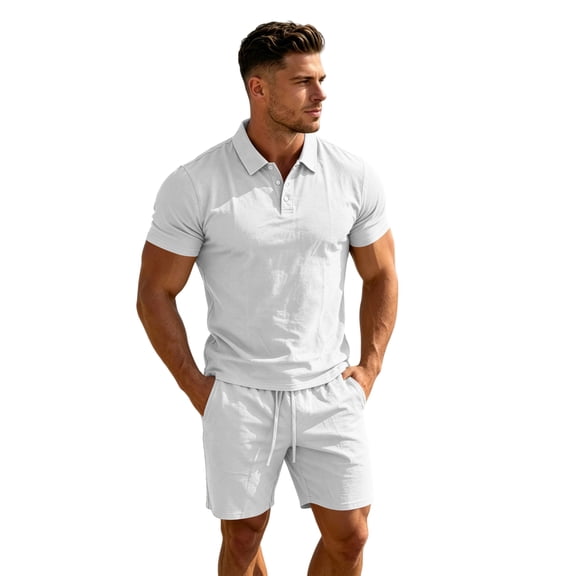 GrmtClth Mens Simple Solid 2 Piece Outfit Collared Polo Shirt and Elastic Waist Shorts Comfortable Leisure Outfit for All Seasons White L
