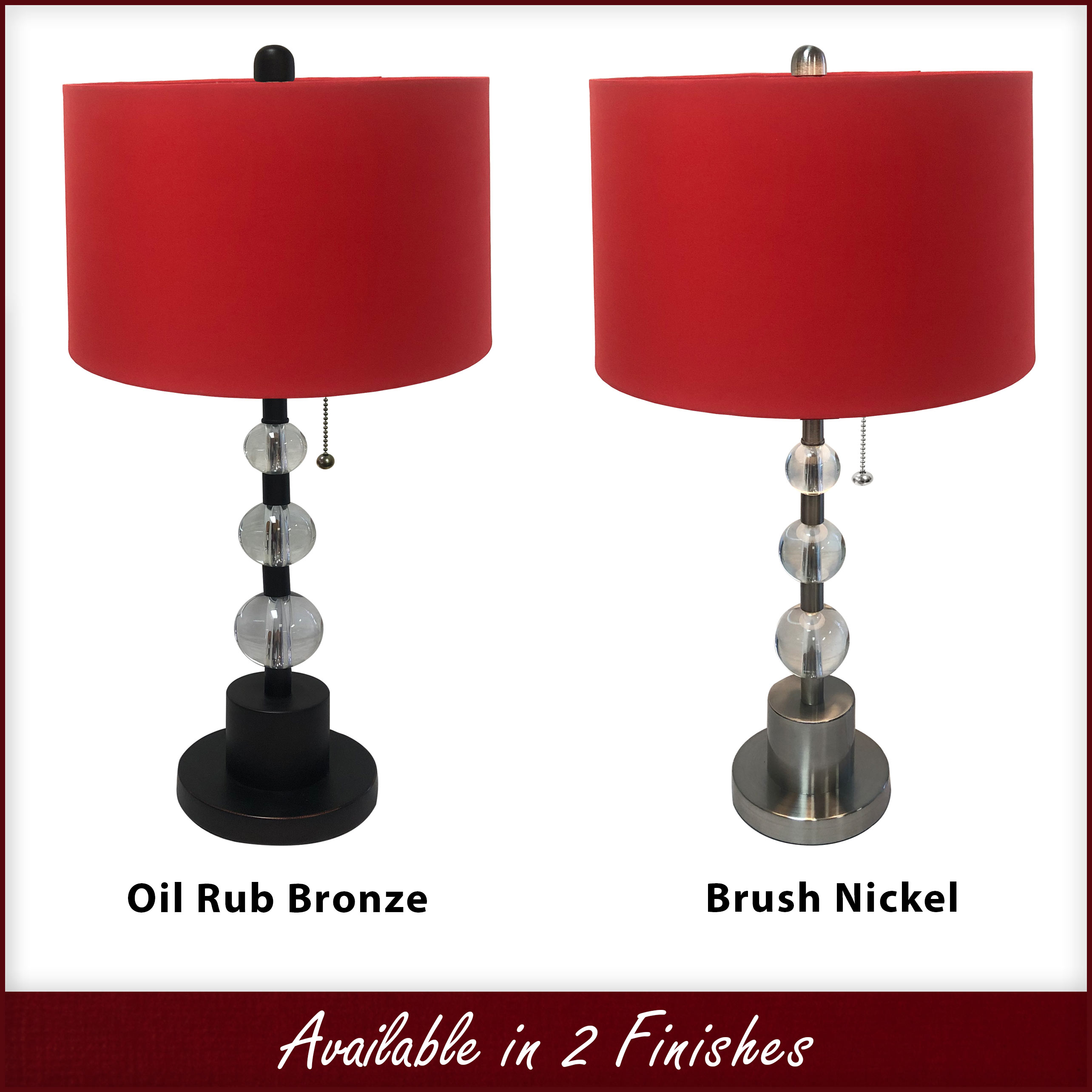 Royal Designs Oil Rub Bronze Lamp with Crystal Ball Accents and Red Shallow Drum Hardback Lamp Shade