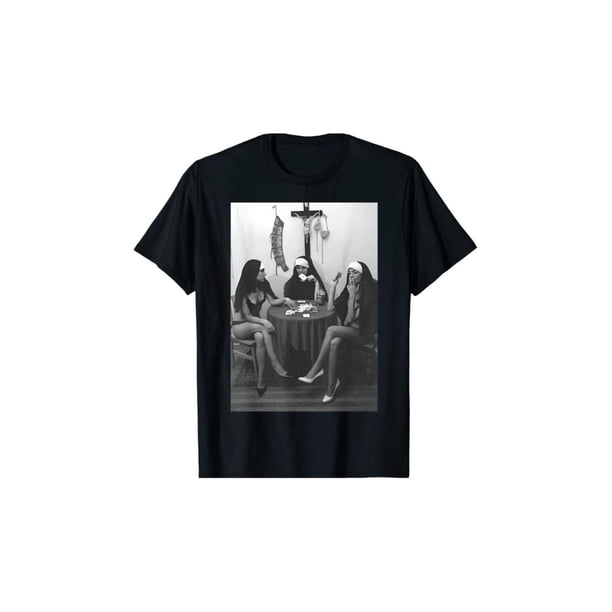 Vintage Nun Playing Cards Smoking Pattern Black Cotton T-Shirt With Bold Monochrome art Design For Men Casual Retro Style all Season Wear