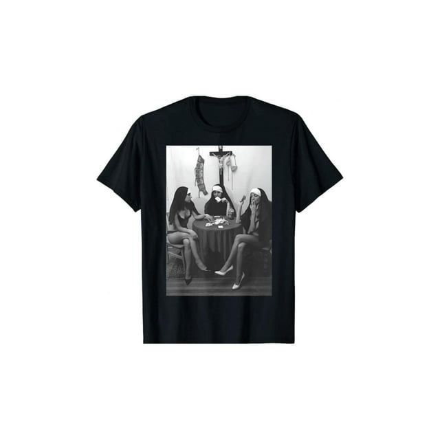 Vintage Nun Playing Cards Smoking Pattern Black Cotton T-Shirt With Bold Monochrome art Design For Men Casual Retro Style all Season Wear