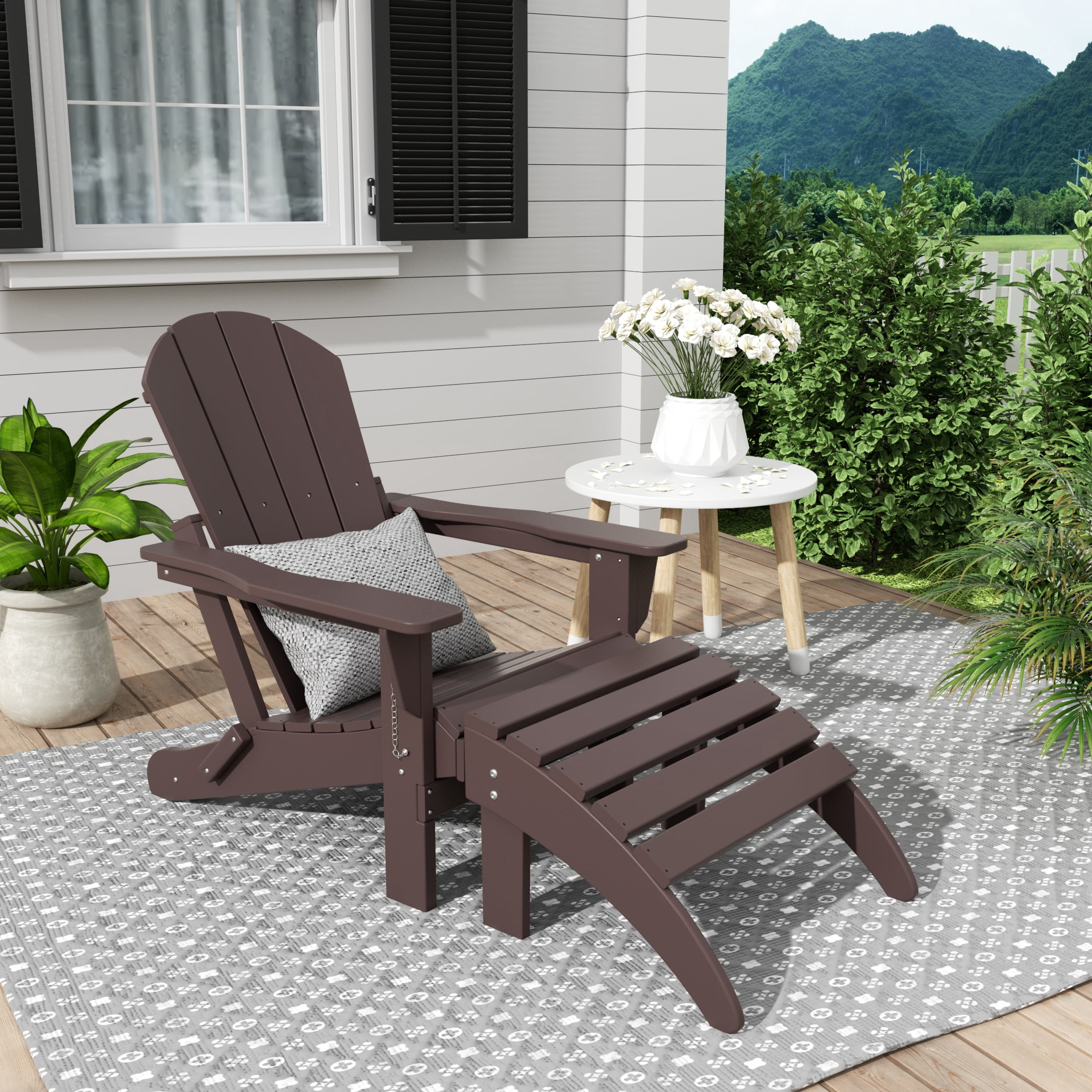 WestinTrends Malibu Outdoor Lounge Chair, 2-Pieces Adirondack Chair Set with Ottoman, All Weather Poly Lumber Patio Lawn Folding Chairs for Outside Pool Garden Backyard Beach, Dark Brown
