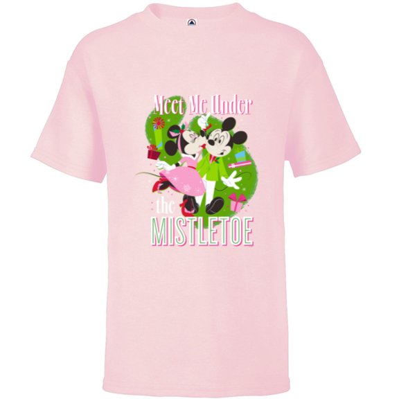 Disney Mickey & Minnie Mouse Meet Me Under The Mistletoe - Short Sleeve T-Shirt for Kids - Customized-Soft Pink