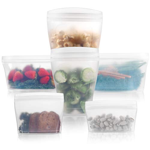 Reusable food container silicone bag, Full Set 6, 2 Cups, 2 Dishes, 2 Bags Zip Containers Storage, 100% Silicone Reusable Food Bag, Stand Up Preservat