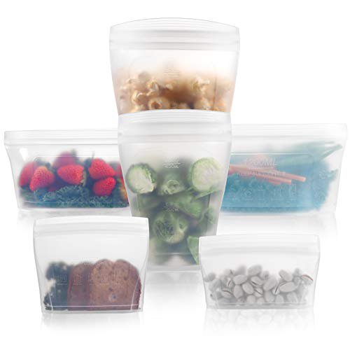 Reusable food container silicone bag, Full Set 6, 2 Cups, 2 Dishes, 2 Bags Zip Containers Storage, 100% Silicone Reusable Food Bag, Stand Up Preservat
