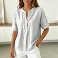 thumbnail image 4 of Daznico Women's Henley V Notch Neck Linen Blend Blouse Short Sleeve Casual Summer Loose Fit Solid Tops,XXL, 4 of 6