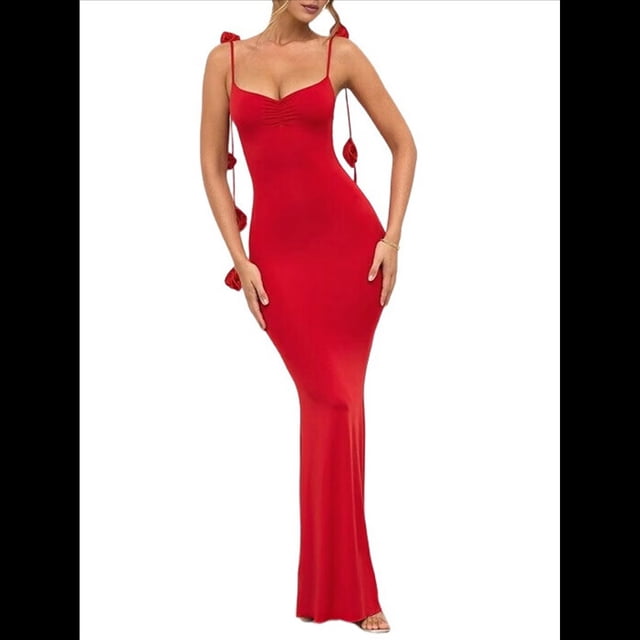 Vestidos Largos de Noche para Mujer con Escote Halter, Espalda Descubierta y Tirantes Finos, con Flores Estereoscópicas Rojo S