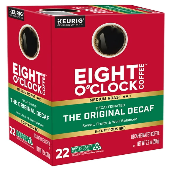 Eight O'Clock Original Decaf, Medium Roast Coffee, Keurig K-Cup Single Serve Coffee Pods, 22 Count