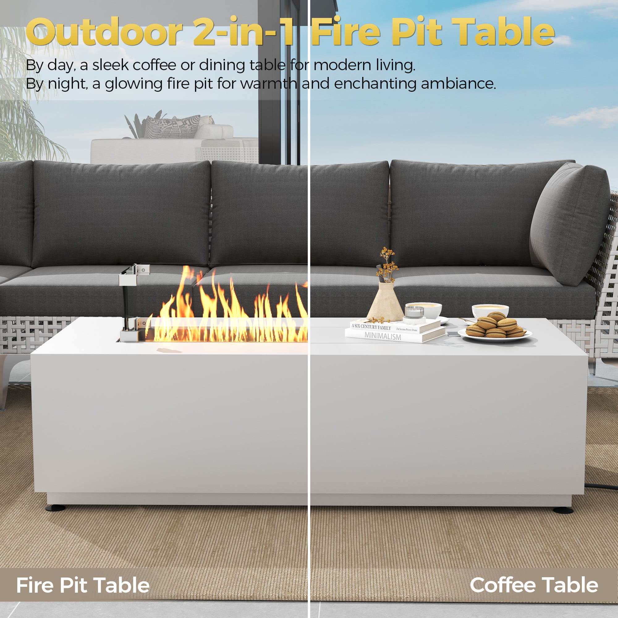 RADIATA 42” Rectangle Fire Pit Table, Dual Fuel Propane & Natural Gas Outdoor Firepit with Tank Table, 50000 BTU, Light Gray
