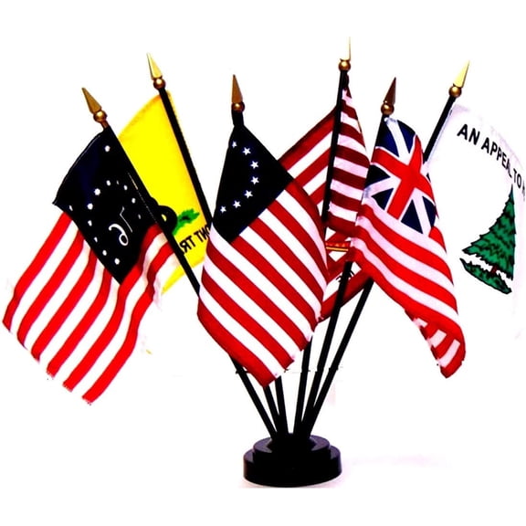 US Historical Flag Set -- SET of 6 Rayon 4"x6" Flags with a 6-hole base, 4x6 Miniature Historical Desk & Table Flags Set, Small Mini Stick Flags