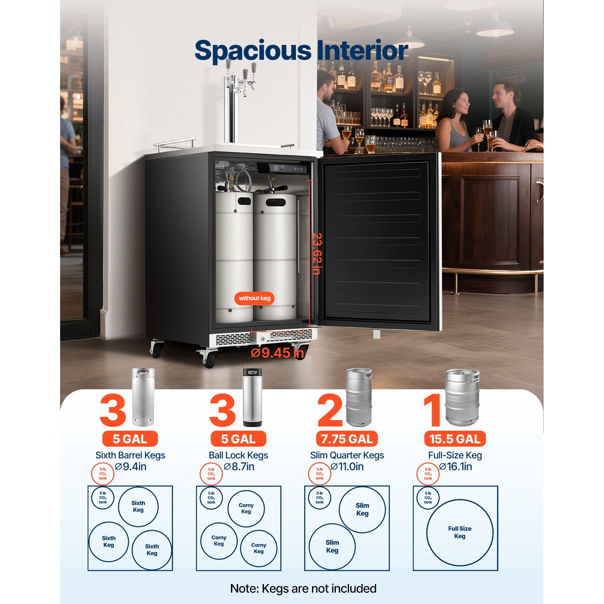 KFFKFF Triple Tap Beer Kegerator, Commercial Draft Dispenser for D System, Full-Size Keg Refrigerator with 5lbs CO2 Tank, Fits 3 Sixth / 2 Slim / 3 Ball Lock Kegs, 160L Capacity