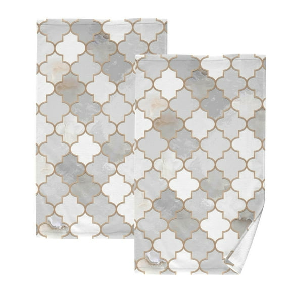 Grey with Gold Lattice and Texture Bath Hand Towels 2 Pcs Absorbent Face Towel Soft Breathable Cotton Towel Set for Bathroom Kitchen Hotel Spa Decor