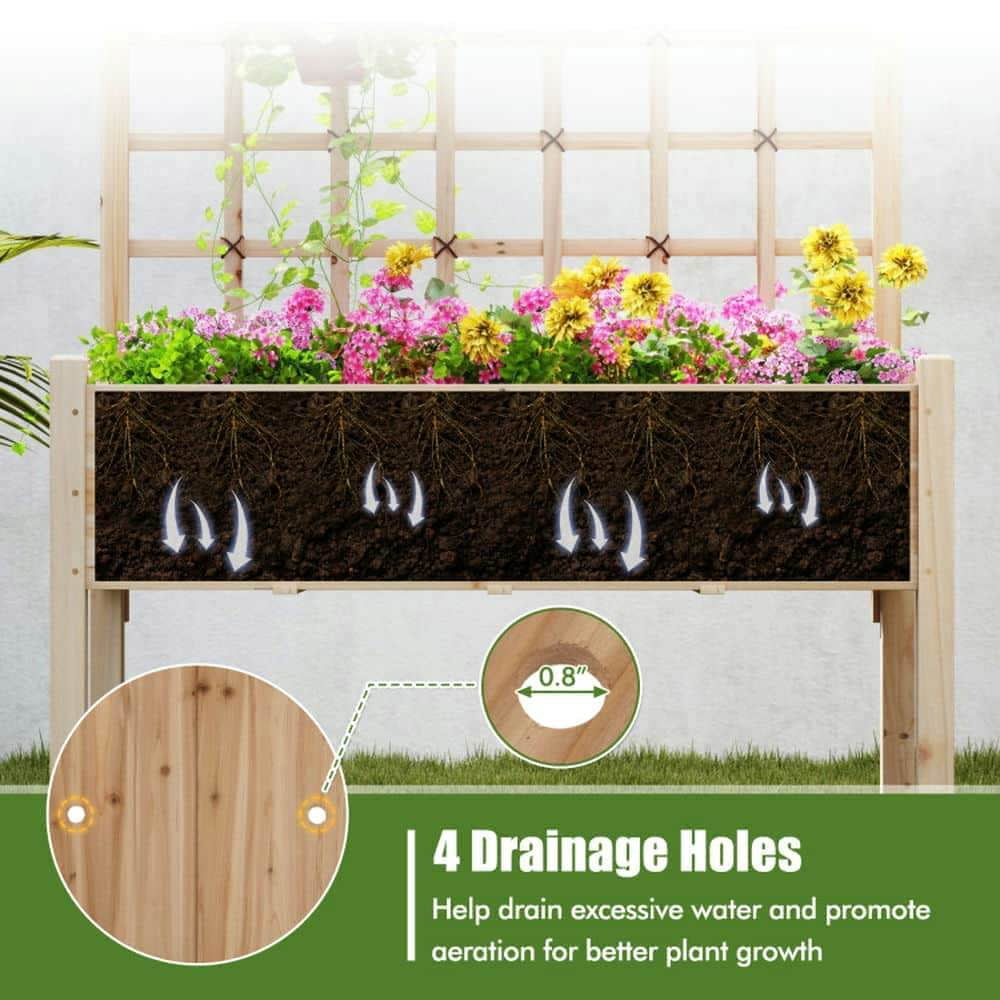 Yardi Yarda Raised Garden Bed with Lattice Trellis and Drainage Holes Elevated, Garden Bed for Outdoor as Yard, Natural