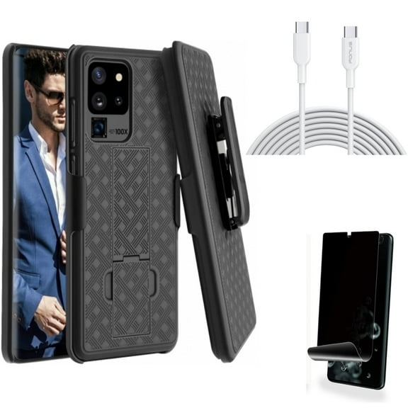 Case Belt Clip w Privacy Screen Protector w 10ft Long Type-C Cable for Samsung Galaxy S20 Ultra - Holster Swivel Cover, TPU Film [NOT GLASS] [Fingerprint Works], Fast Charger fits Galaxy S20 Ultra