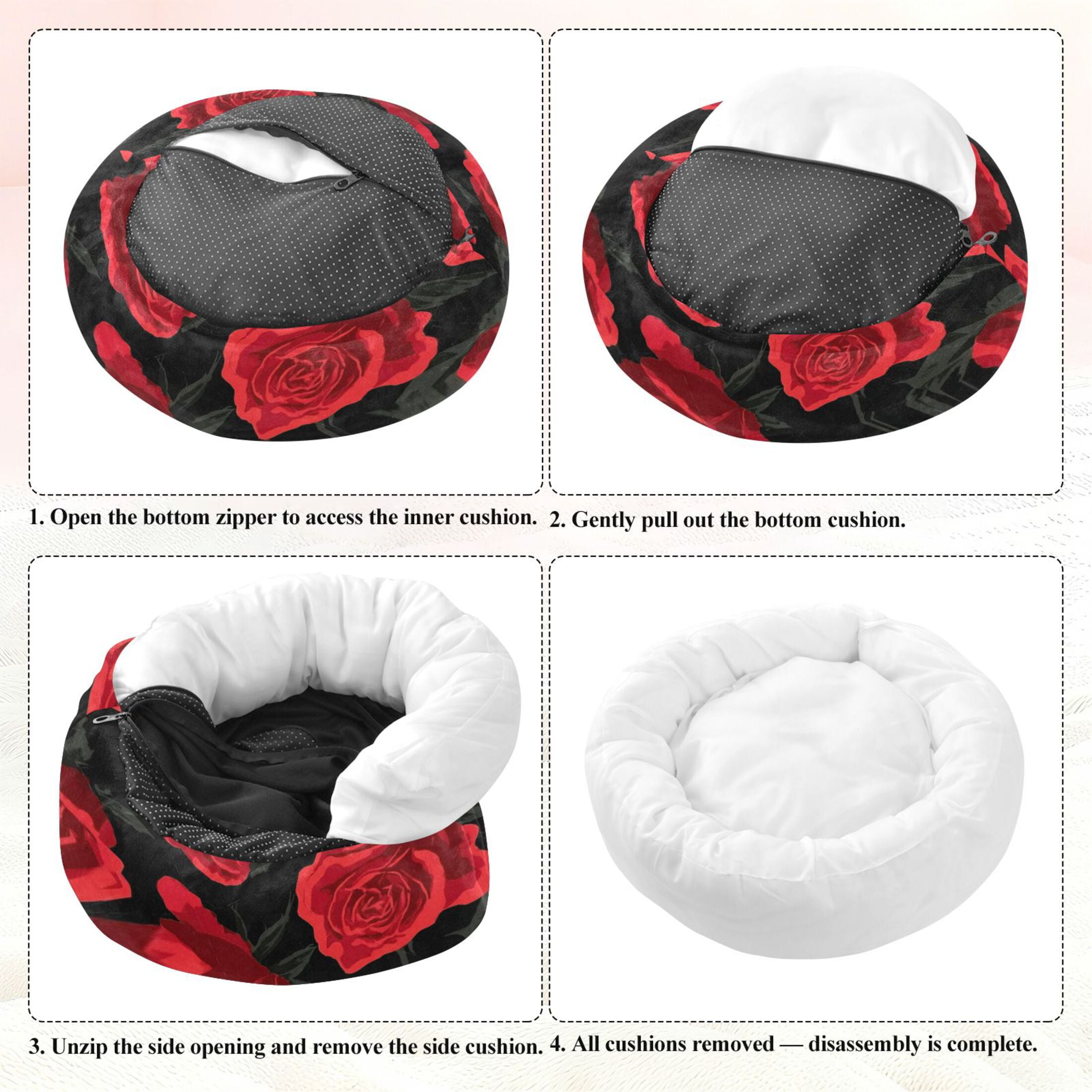 Iauyy Pet Couch Donut Cat Bed for Indoor Cats/Small Dogs Washable & Machine with Non-slip Bottom Calming Cat Furniture, Black and Red Roses (M)